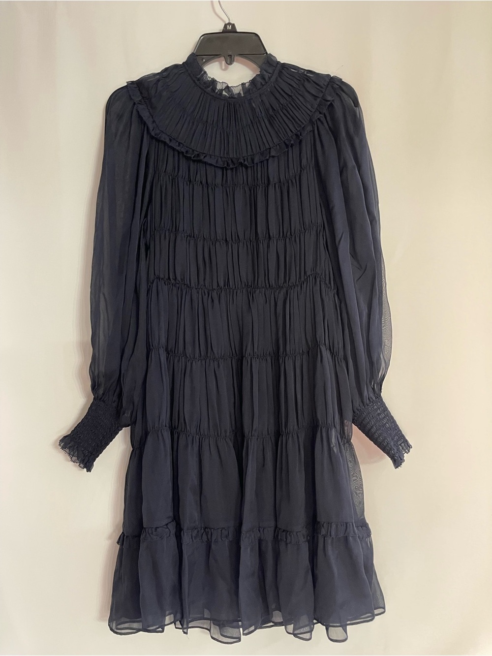 Ulla Johnson Navy Smocked Tiered Long Sleeve Silk Women's Size 4 Boho luxury